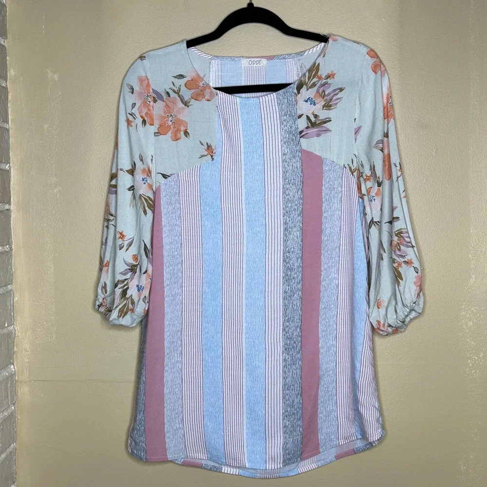 Oddy‎ Blouse Womens Small Multicolor Striped Floral 3/4 Sleeves